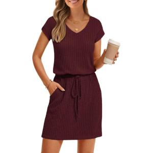 MEROKEETY Women’s Summer Short Sleeve Mini Dress 2026 Casual V Neck Tie Waist Beach Vacation T-Shirt Sundress with Pockets(Burgundy)