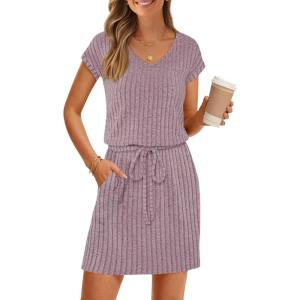 MEROKEETY Women’s Summer Short Sleeve Mini Dress 2026 Casual V Neck Tie Waist Beach Vacation T-Shirt Sundress with Pockets(Dusty Pink)