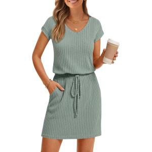MEROKEETY Women’s Summer Short Sleeve Mini Dress 2026 Casual V Neck Tie Waist Beach Vacation T-Shirt Sundress with Pockets(Seagrass)