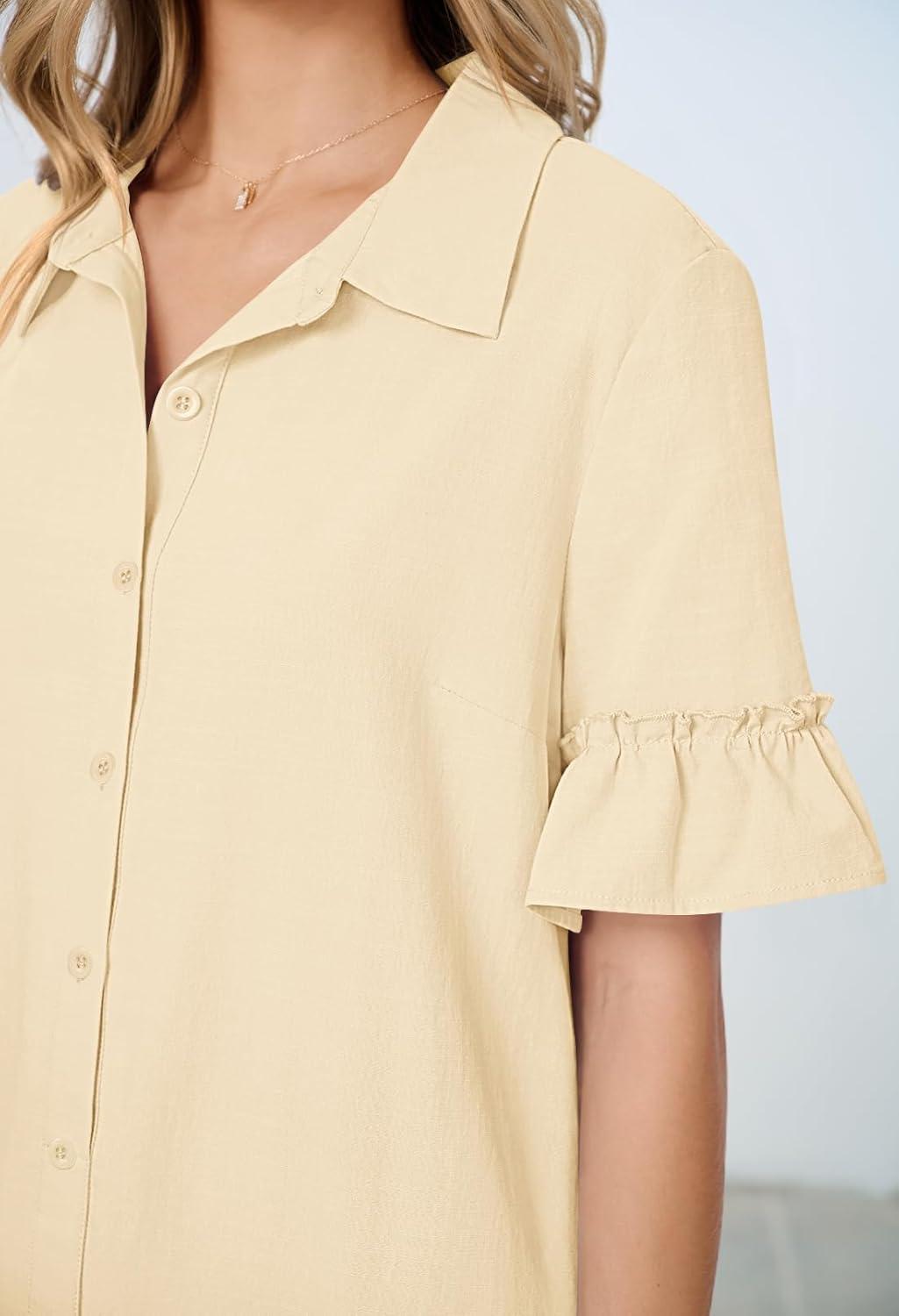 imageMEROKEETY Womens 2026 Summer Casual Shirt Dress Button Down Ruffle Sleeve Shift Mini Dresses with PocketsBeige