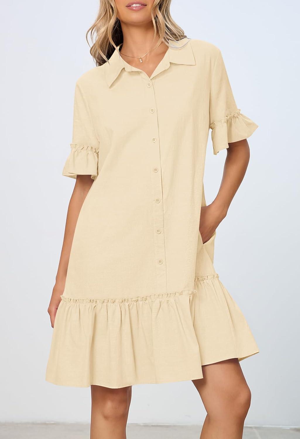 imageMEROKEETY Womens 2026 Summer Casual Shirt Dress Button Down Ruffle Sleeve Shift Mini Dresses with PocketsBeige