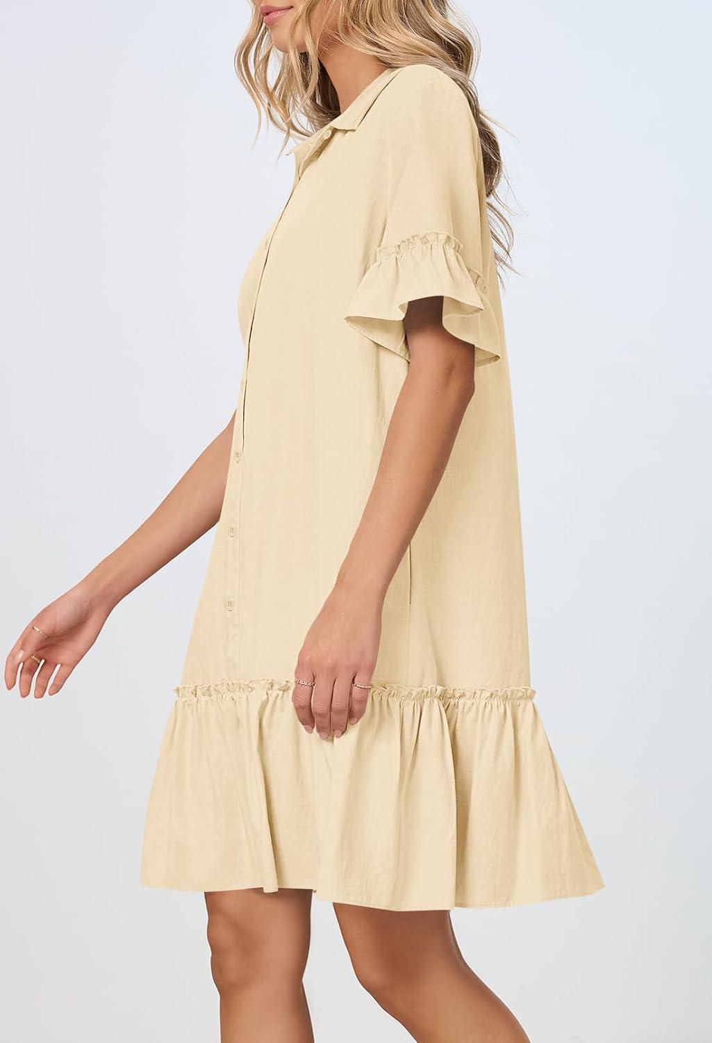 imageMEROKEETY Womens 2026 Summer Casual Shirt Dress Button Down Ruffle Sleeve Shift Mini Dresses with PocketsBeige
