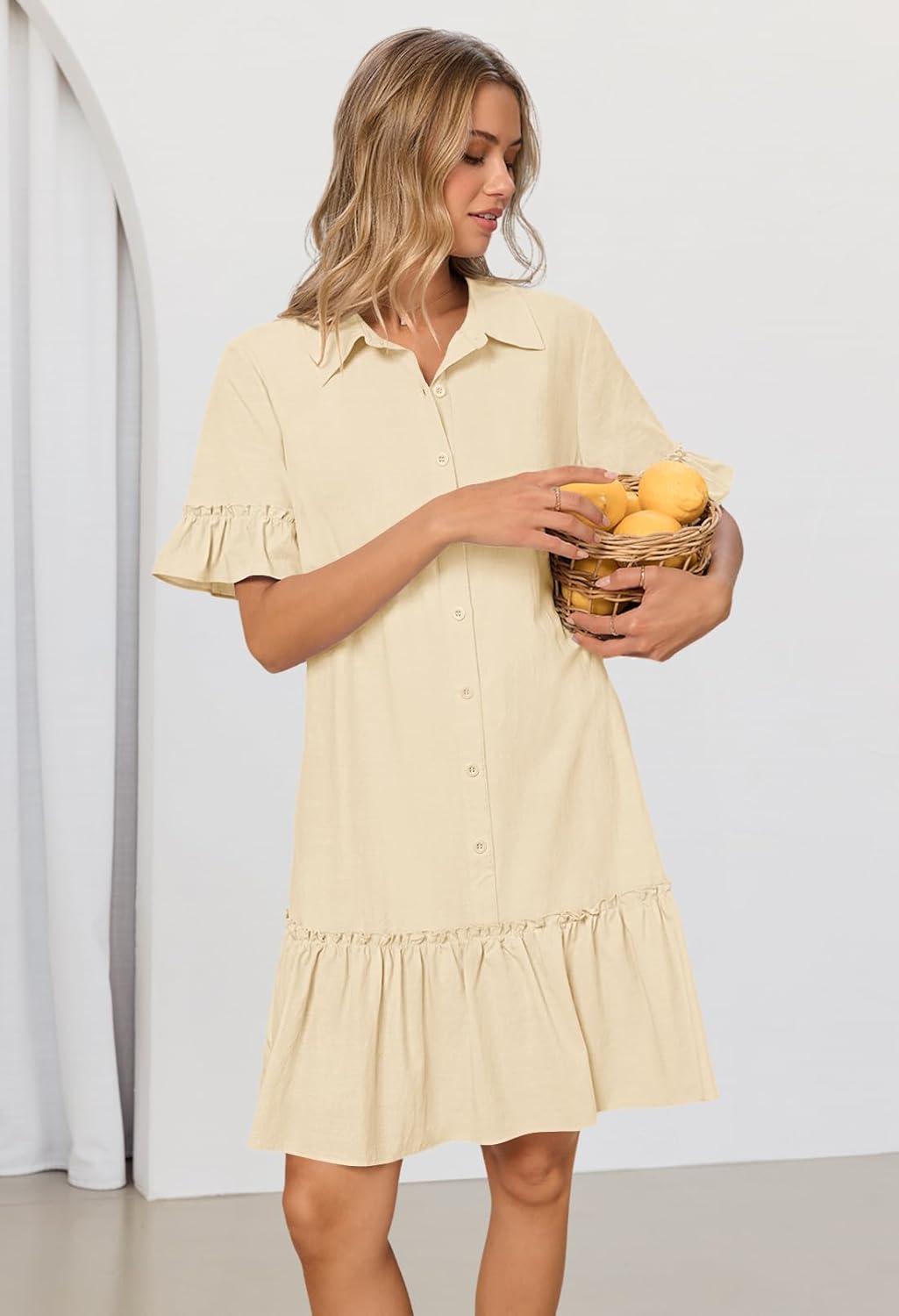 imageMEROKEETY Womens 2026 Summer Casual Shirt Dress Button Down Ruffle Sleeve Shift Mini Dresses with PocketsBeige