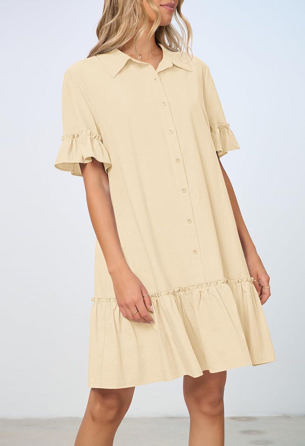 imageMEROKEETY Womens 2026 Summer Casual Shirt Dress Button Down Ruffle Sleeve Shift Mini Dresses with PocketsBeige