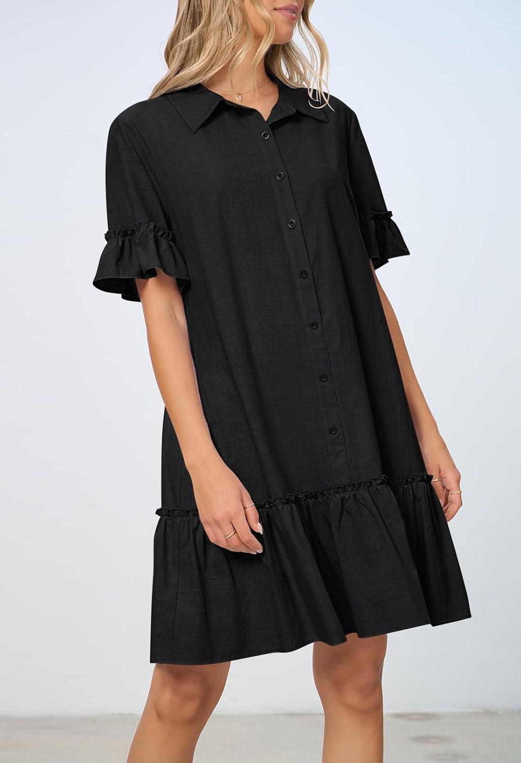 imageMEROKEETY Womens 2026 Summer Casual Shirt Dress Button Down Ruffle Sleeve Shift Mini Dresses with PocketsBlack