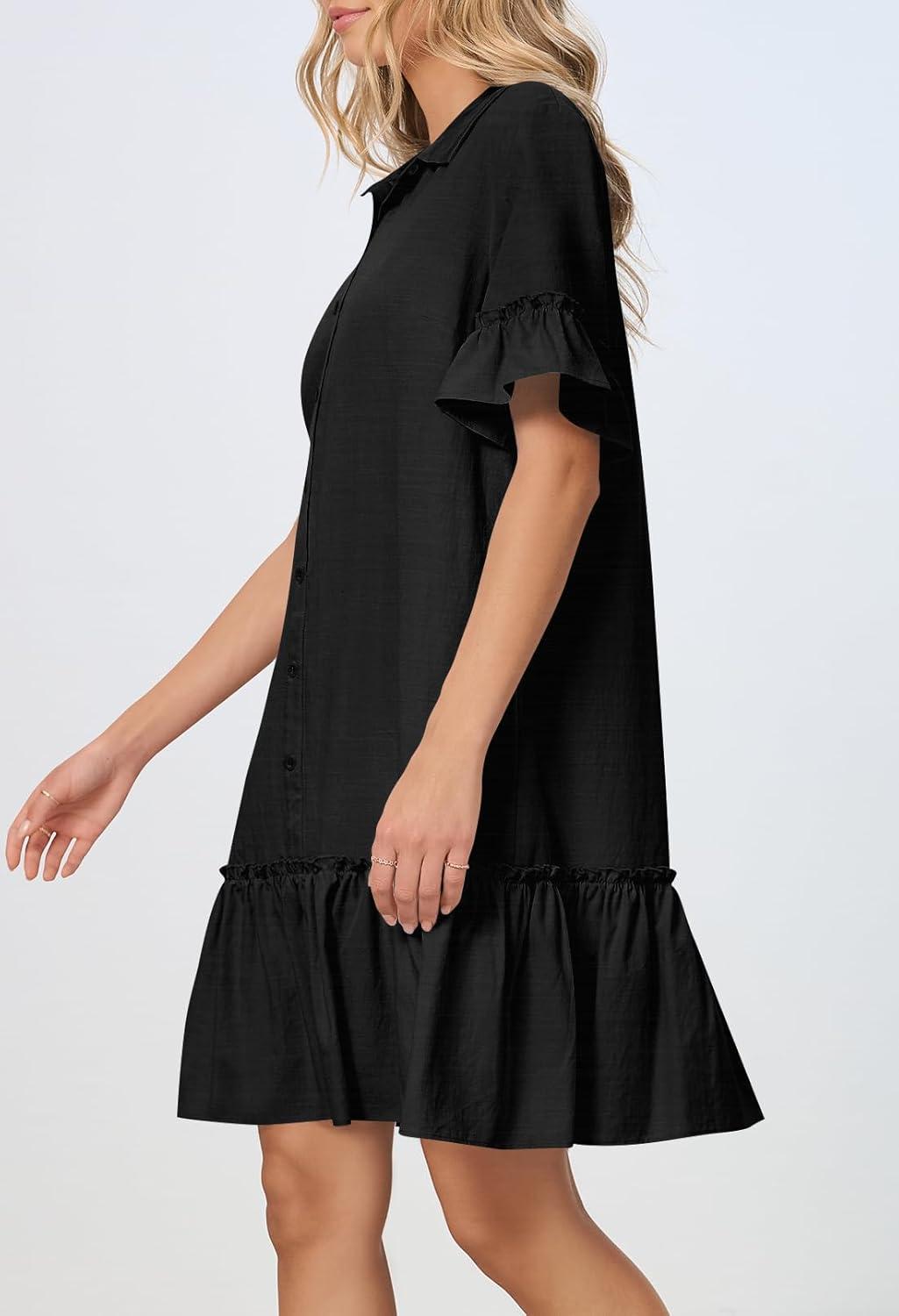 imageMEROKEETY Womens 2026 Summer Casual Shirt Dress Button Down Ruffle Sleeve Shift Mini Dresses with PocketsBlack