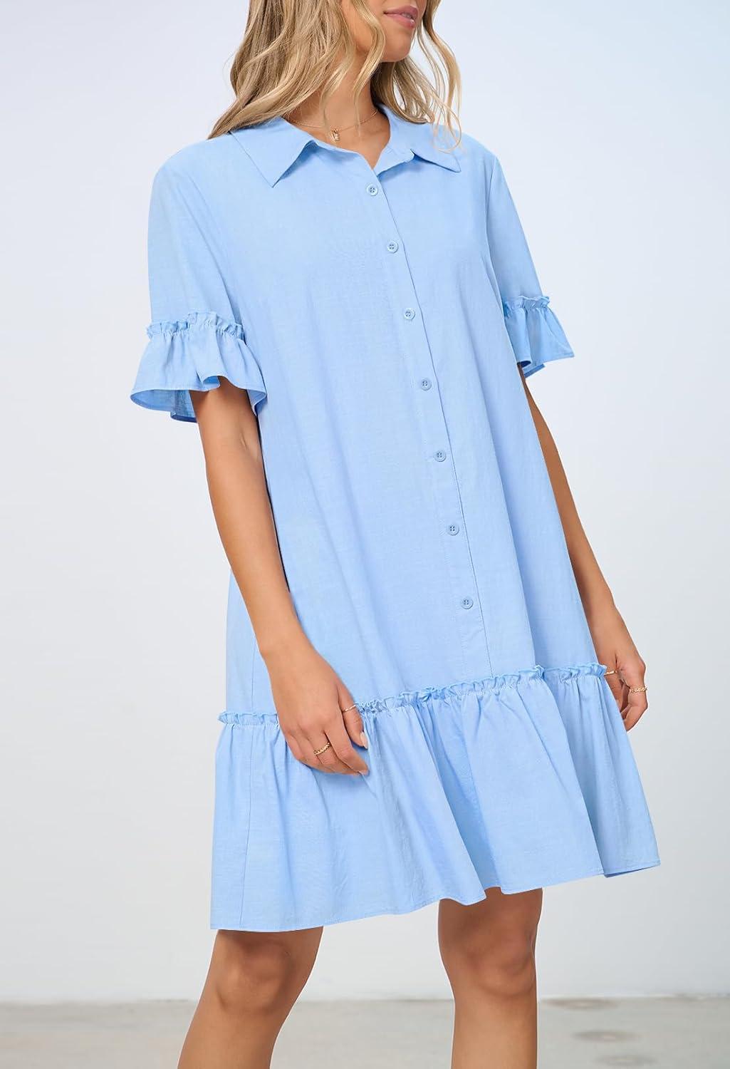 imageMEROKEETY Womens 2026 Summer Casual Shirt Dress Button Down Ruffle Sleeve Shift Mini Dresses with PocketsBlue
