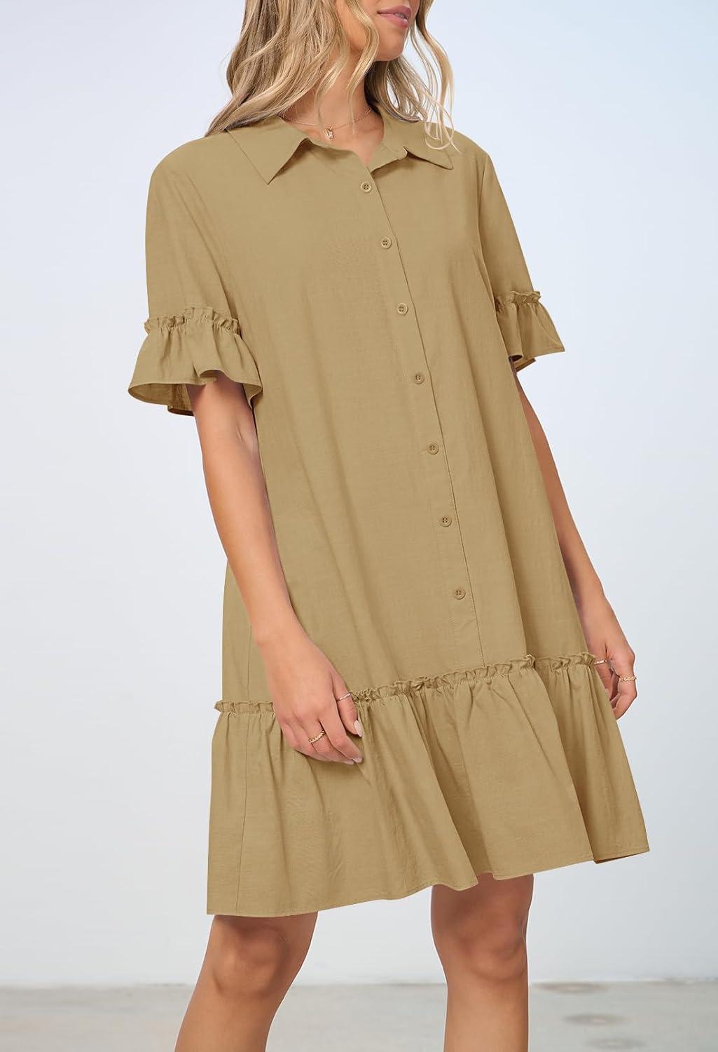 imageMEROKEETY Womens 2026 Summer Casual Shirt Dress Button Down Ruffle Sleeve Shift Mini Dresses with PocketsKhaki