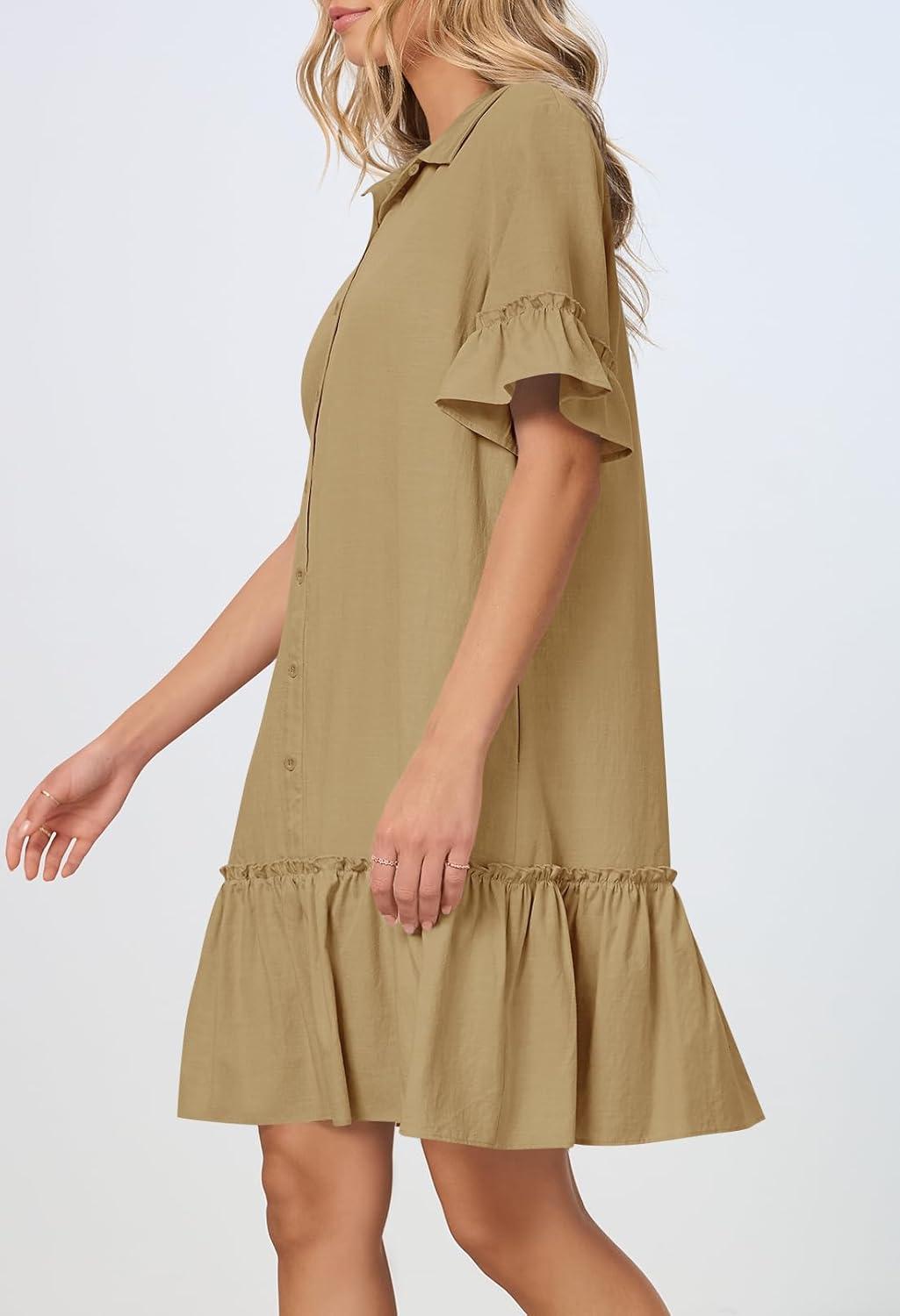 imageMEROKEETY Womens 2026 Summer Casual Shirt Dress Button Down Ruffle Sleeve Shift Mini Dresses with PocketsKhaki