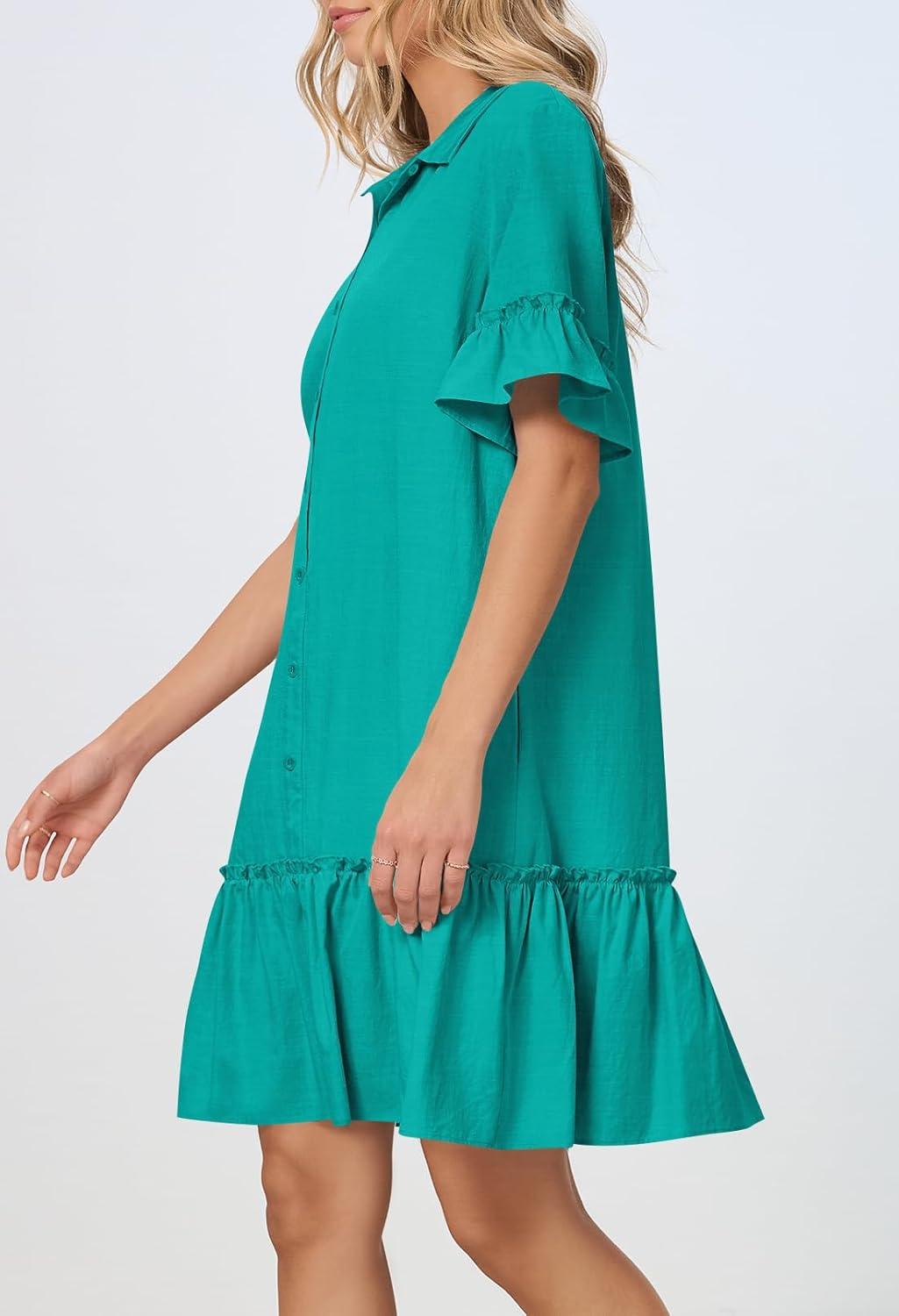 imageMEROKEETY Womens 2026 Summer Casual Shirt Dress Button Down Ruffle Sleeve Shift Mini Dresses with PocketsLake Green