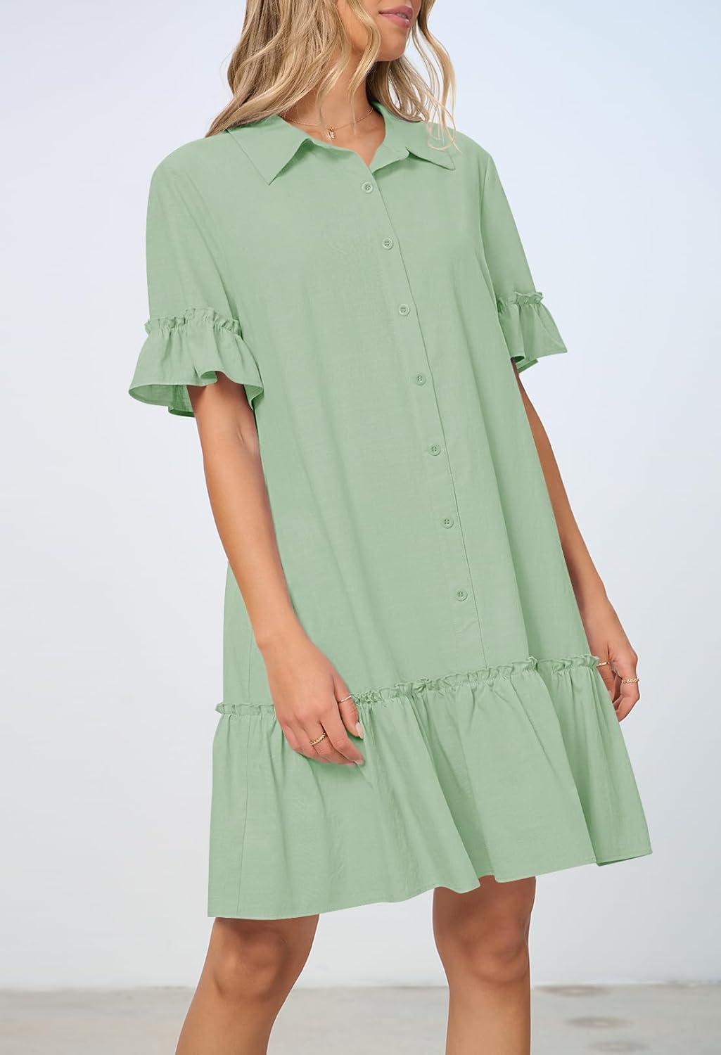 imageMEROKEETY Womens 2026 Summer Casual Shirt Dress Button Down Ruffle Sleeve Shift Mini Dresses with PocketsLight Green
