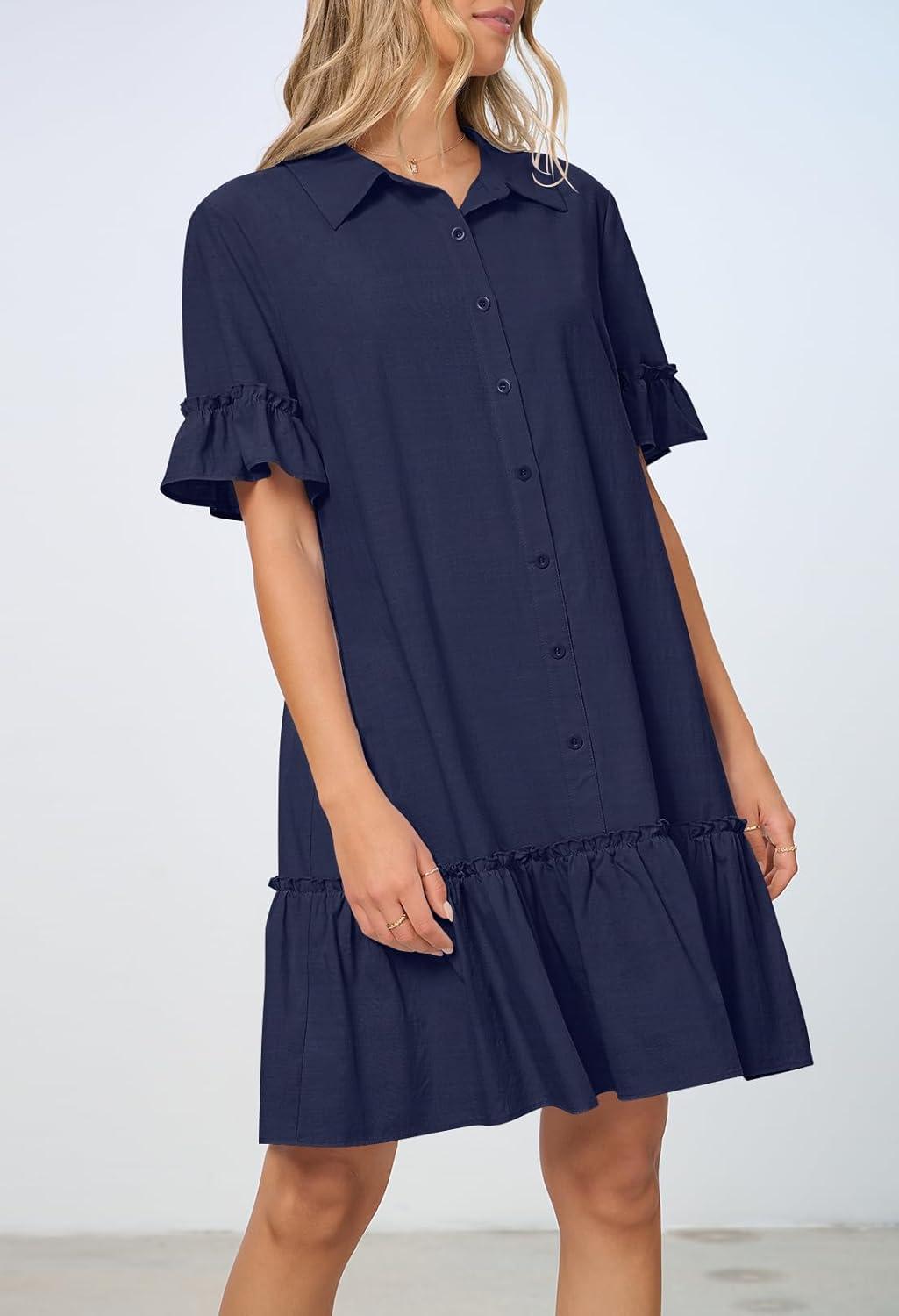imageMEROKEETY Womens 2026 Summer Casual Shirt Dress Button Down Ruffle Sleeve Shift Mini Dresses with PocketsNavy