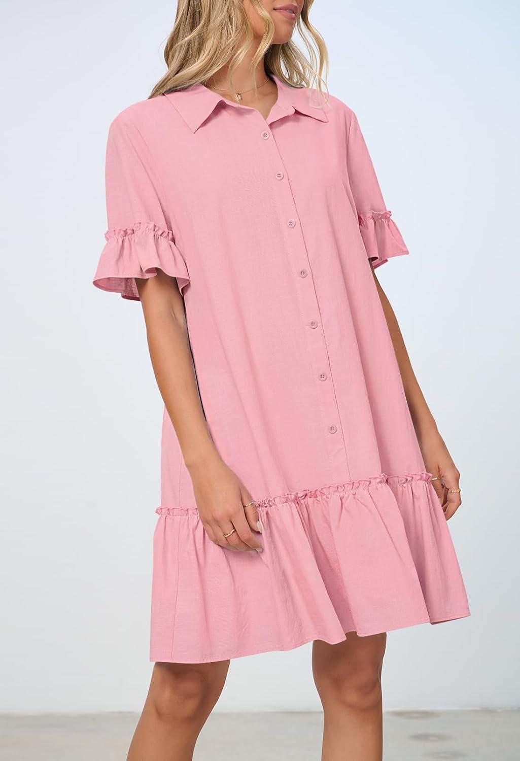 imageMEROKEETY Womens 2026 Summer Casual Shirt Dress Button Down Ruffle Sleeve Shift Mini Dresses with PocketsPink