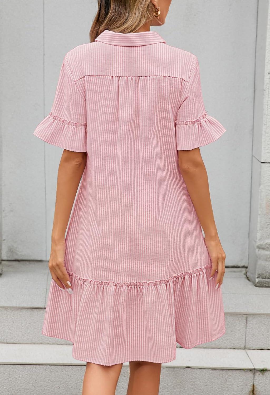 imageMEROKEETY Womens 2026 Summer Casual Shirt Dress Button Down Ruffle Sleeve Shift Mini Dresses with PocketsStriped Pink