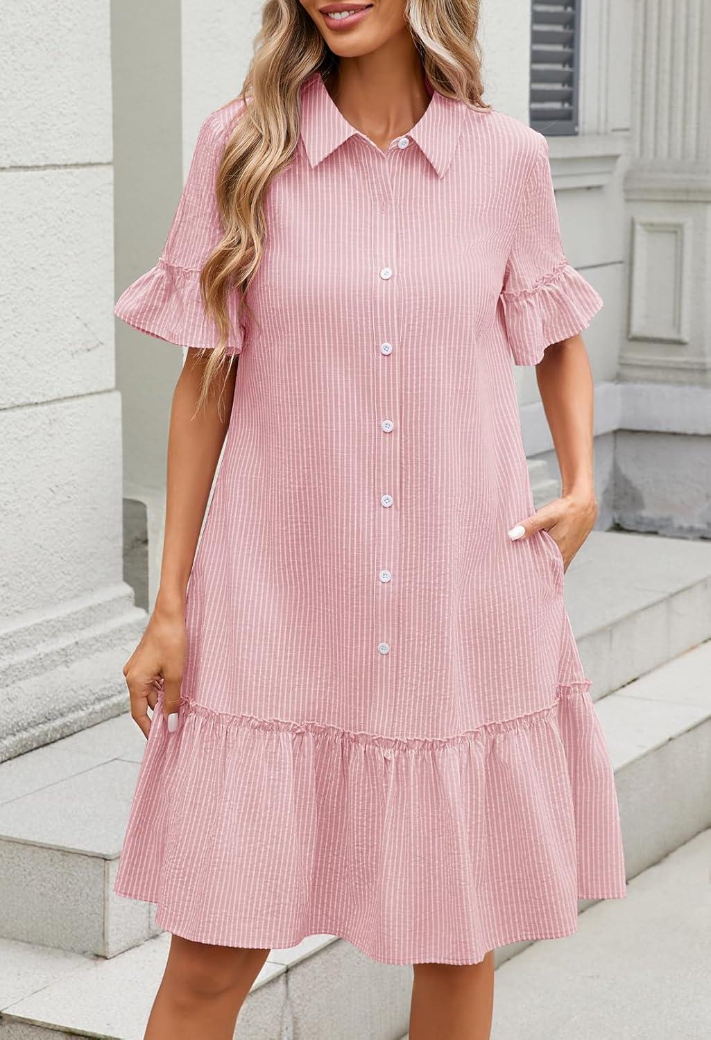 imageMEROKEETY Womens 2026 Summer Casual Shirt Dress Button Down Ruffle Sleeve Shift Mini Dresses with PocketsStriped Pink