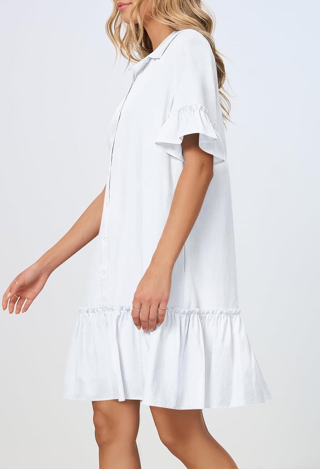 imageMEROKEETY Womens 2026 Summer Casual Shirt Dress Button Down Ruffle Sleeve Shift Mini Dresses with PocketsWhite