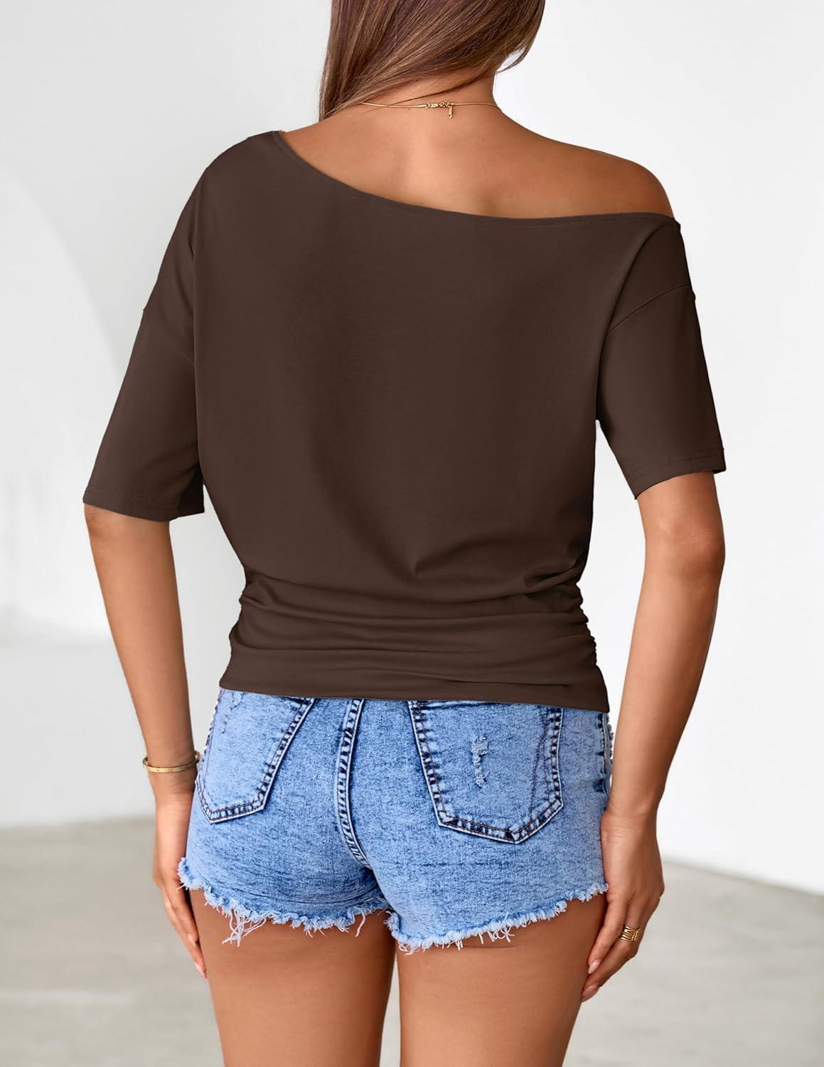 imageMEROKEETY Womens Off The Shoulder Short Sleeve Tops 2026 Summer Casual Going Out Trendy Y2k T ShirtsChocolate