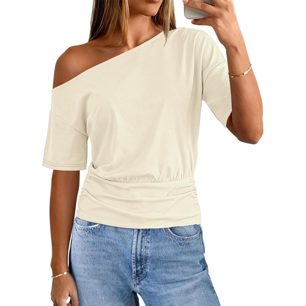 imageMEROKEETY Womens Off The Shoulder Short Sleeve Tops 2026 Summer Casual Going Out Trendy Y2k T ShirtsBeige
