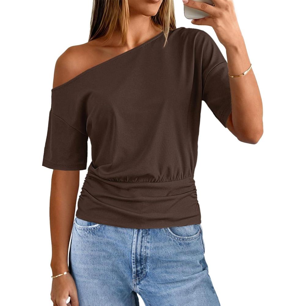 imageMEROKEETY Womens Off The Shoulder Short Sleeve Tops 2026 Summer Casual Going Out Trendy Y2k T ShirtsChocolate