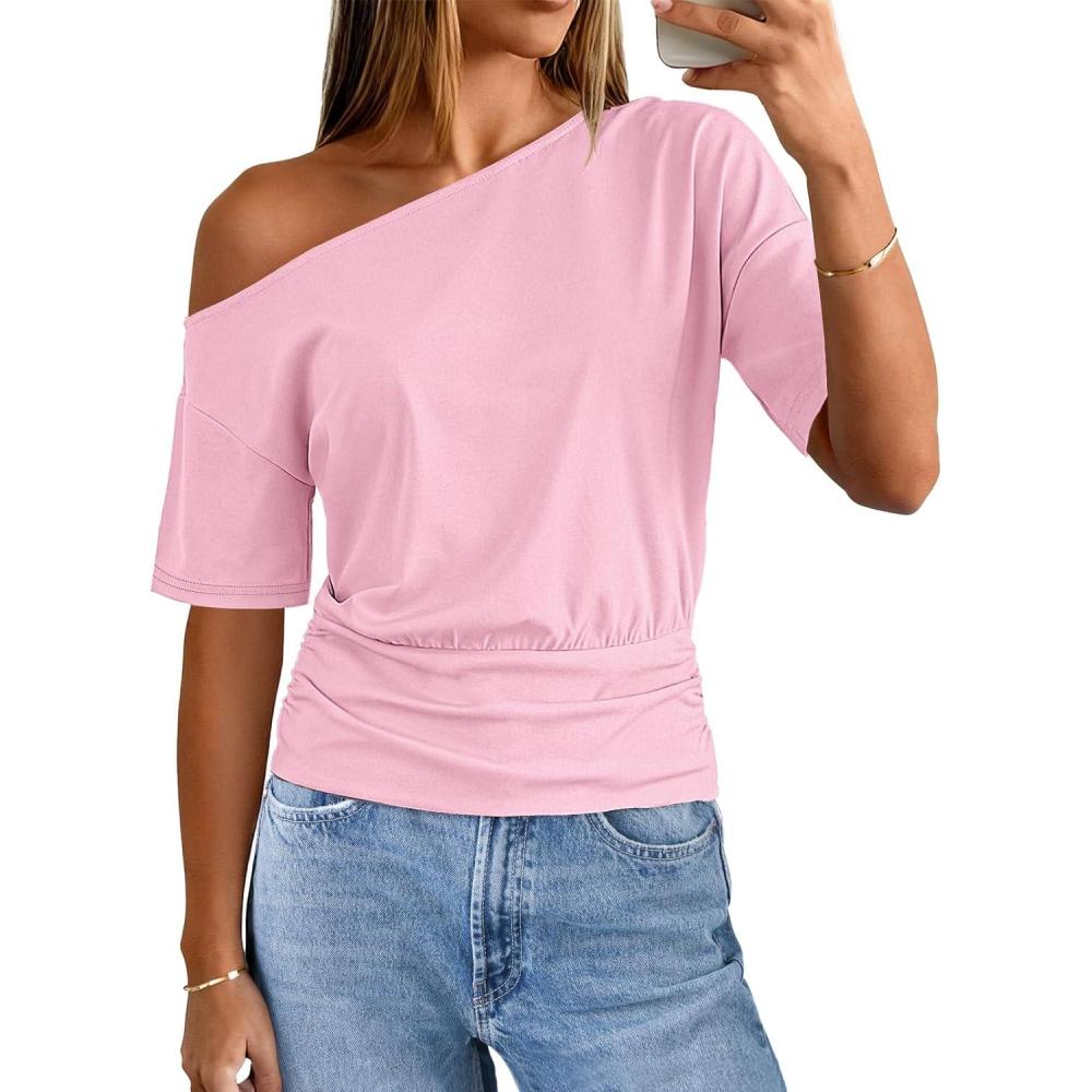 imageMEROKEETY Womens Off The Shoulder Short Sleeve Tops 2026 Summer Casual Going Out Trendy Y2k T ShirtsPink