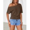 MEROKEETY Women’s Off The Shoulder Short Sleeve Tops 2026 Summer Casual Going Out Trendy Y2k T Shirts(Brown)