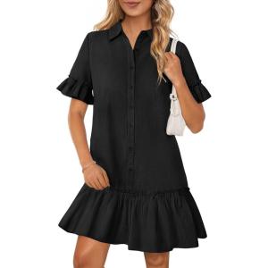 MEROKEETY Women’s 2026 Summer Casual Shirt Dress Button Down Ruffle Sleeve Shift Mini Dresses with Pockets(Black)