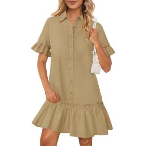 MEROKEETY Women’s 2026 Summer Casual Shirt Dress Button Down Ruffle Sleeve Shift Mini Dresses with Pockets(Khaki)