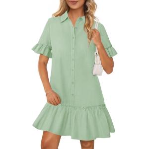 MEROKEETY Women’s 2026 Summer Casual Shirt Dress Button Down Ruffle Sleeve Shift Mini Dresses with Pockets(Light Green)