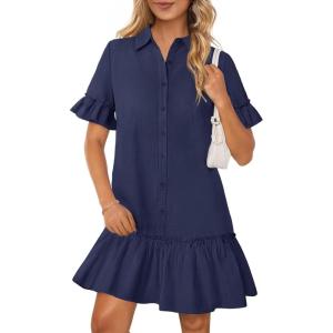 MEROKEETY Women’s 2026 Summer Casual Shirt Dress Button Down Ruffle Sleeve Shift Mini Dresses with Pockets(Navy)