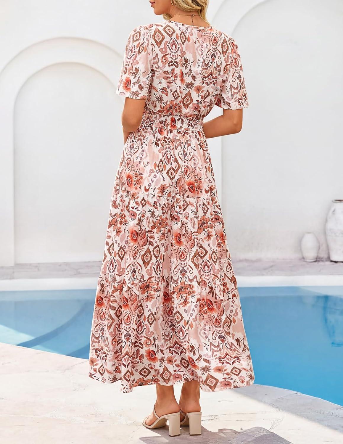 imageMEROKEETY Womens Spring Summer Floral Maxi Dresses 2026 Casual Beach Vacation Boho V Neck Short Sleeve Midi Dress PocketsBrown