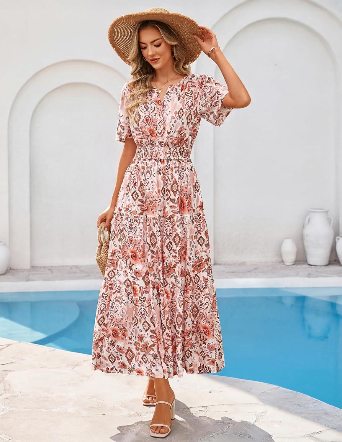 imageMEROKEETY Womens Spring Summer Floral Maxi Dresses 2026 Casual Beach Vacation Boho V Neck Short Sleeve Midi Dress PocketsBrown