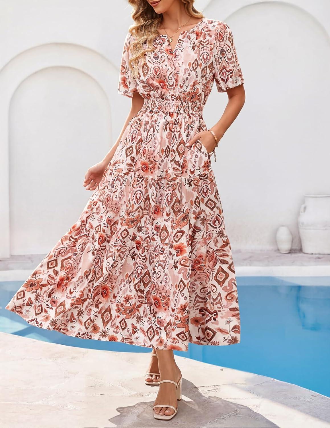 imageMEROKEETY Womens Spring Summer Floral Maxi Dresses 2026 Casual Beach Vacation Boho V Neck Short Sleeve Midi Dress PocketsBrown