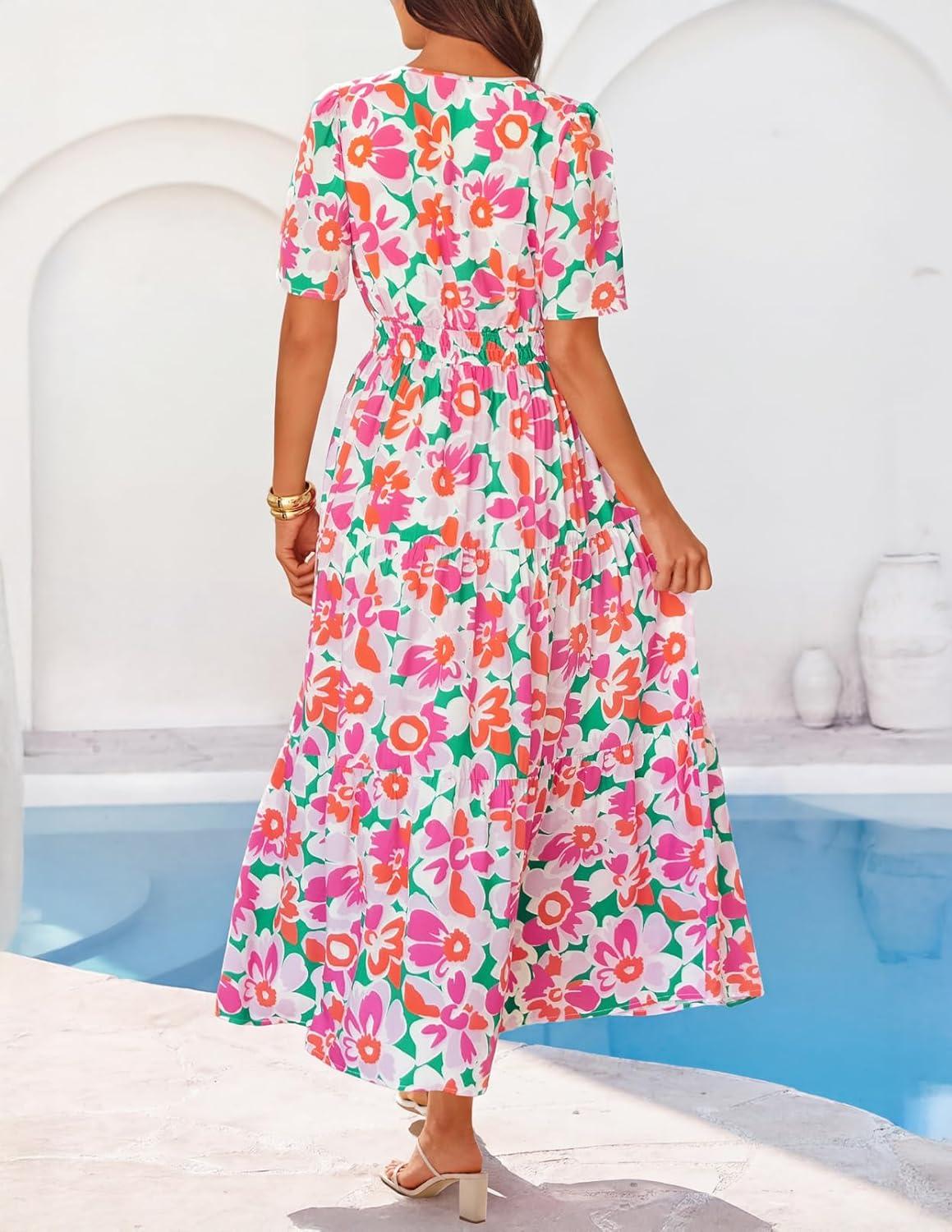 imageMEROKEETY Womens Spring Summer Floral Maxi Dresses 2026 Casual Beach Vacation Boho V Neck Short Sleeve Midi Dress PocketsWhite Rose