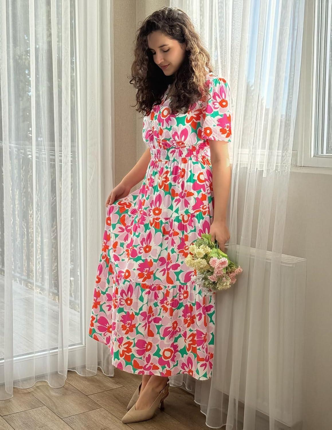 imageMEROKEETY Womens Spring Summer Floral Maxi Dresses 2026 Casual Beach Vacation Boho V Neck Short Sleeve Midi Dress PocketsWhite Rose