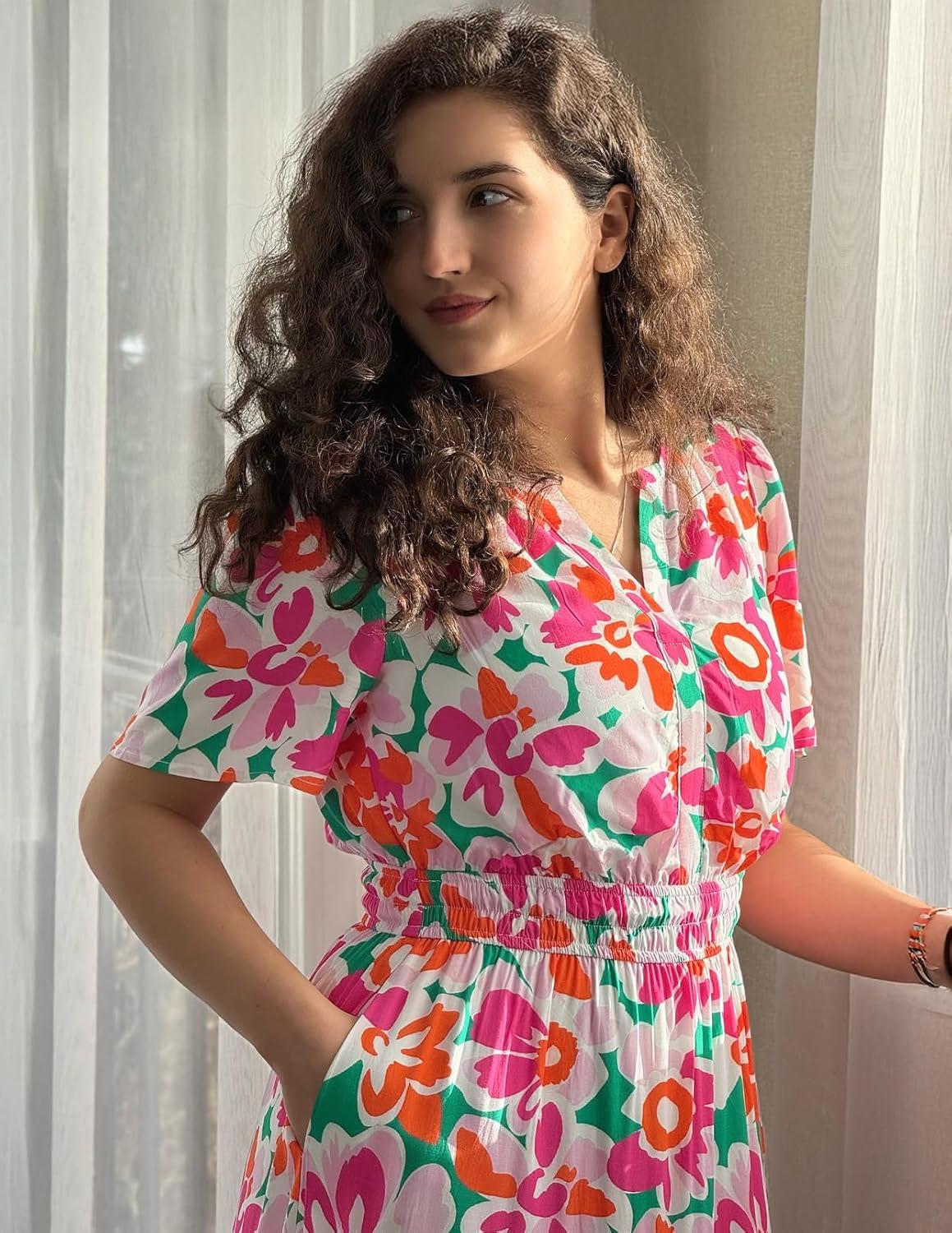 imageMEROKEETY Womens Spring Summer Floral Maxi Dresses 2026 Casual Beach Vacation Boho V Neck Short Sleeve Midi Dress PocketsWhite Rose