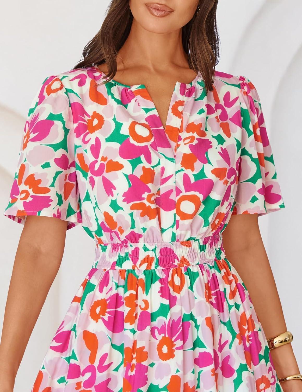 imageMEROKEETY Womens Spring Summer Floral Maxi Dresses 2026 Casual Beach Vacation Boho V Neck Short Sleeve Midi Dress PocketsWhite Rose