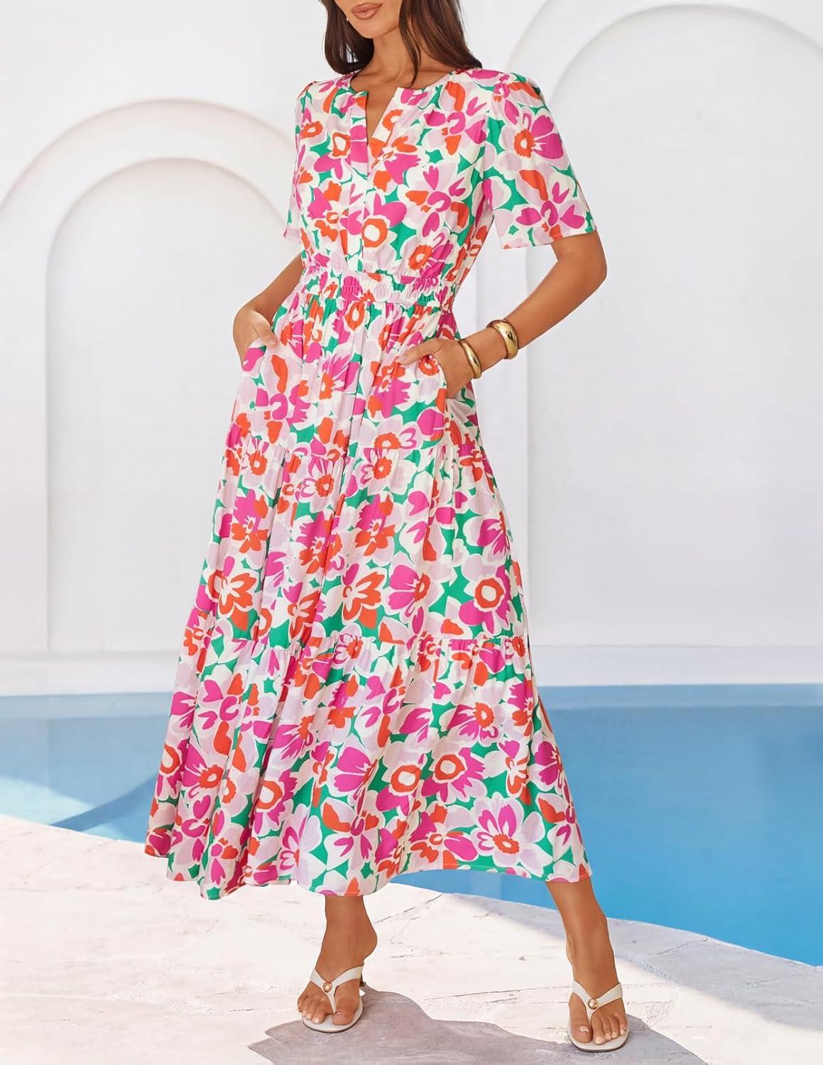 imageMEROKEETY Womens Spring Summer Floral Maxi Dresses 2026 Casual Beach Vacation Boho V Neck Short Sleeve Midi Dress PocketsWhite Rose