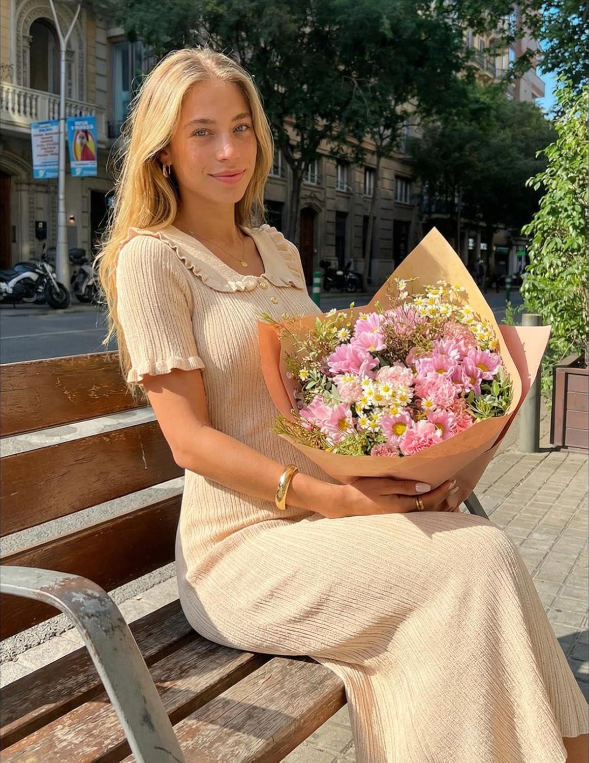 imageMEROKEETY Womens Spring Summer Ribbed Midi Dress 2026 Bodycon Ruffled Short Sleeve V Neck Button Elegant Knit Sweater DressesApricot