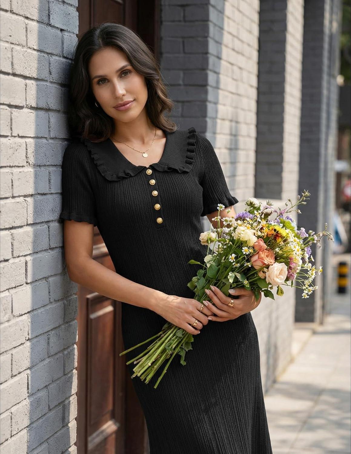 imageMEROKEETY Womens Spring Summer Ribbed Midi Dress 2026 Bodycon Ruffled Short Sleeve V Neck Button Elegant Knit Sweater DressesBlack