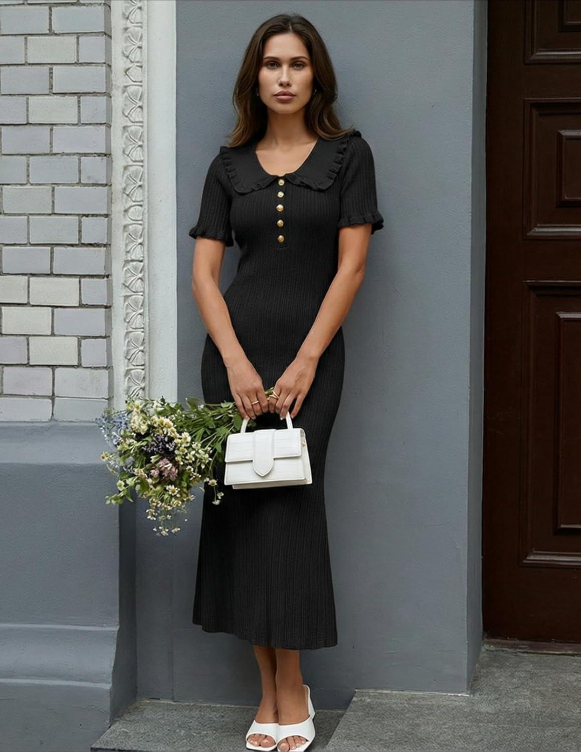 imageMEROKEETY Womens Spring Summer Ribbed Midi Dress 2026 Bodycon Ruffled Short Sleeve V Neck Button Elegant Knit Sweater DressesBlack
