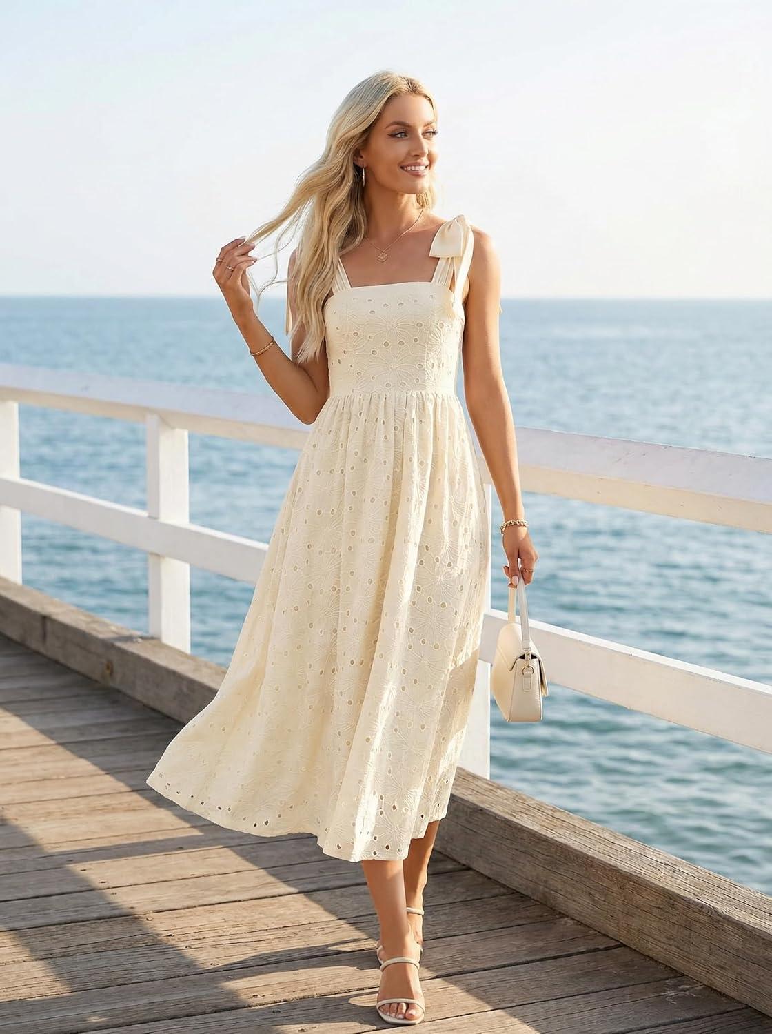 imageMEROKEETY Womens Summer Midi Dress 2026 Elegant Square Neck Sleeveless Flowy A Line Casual Beach Vacation SundressApricot