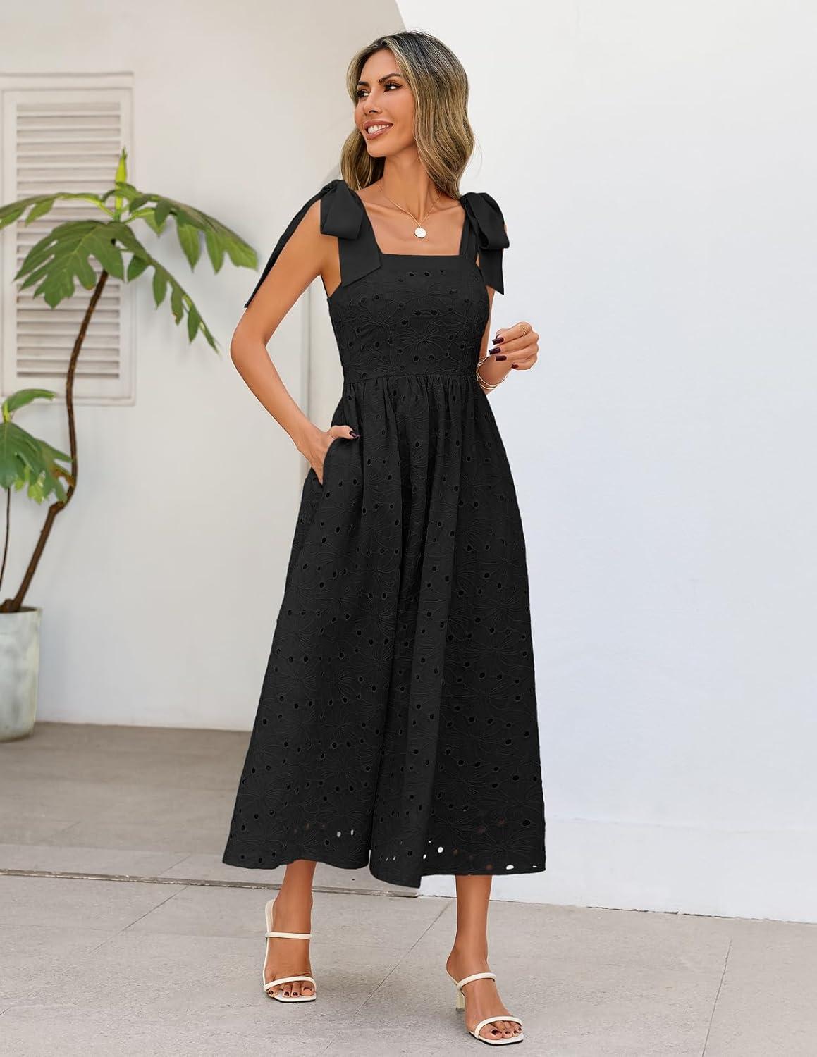 imageMEROKEETY Womens Summer Midi Dress 2026 Elegant Square Neck Sleeveless Flowy A Line Casual Beach Vacation SundressBlack