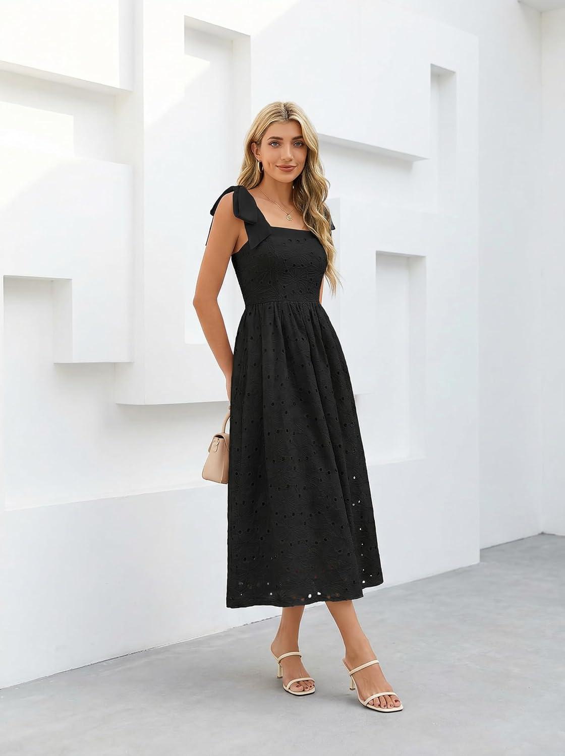 imageMEROKEETY Womens Summer Midi Dress 2026 Elegant Square Neck Sleeveless Flowy A Line Casual Beach Vacation SundressBlack