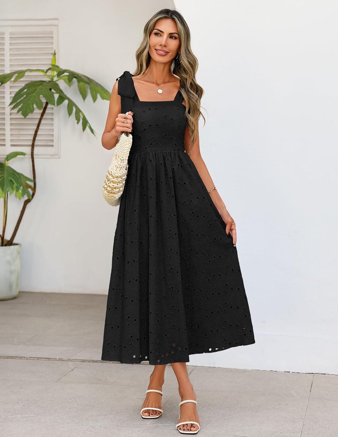 imageMEROKEETY Womens Summer Midi Dress 2026 Elegant Square Neck Sleeveless Flowy A Line Casual Beach Vacation SundressBlack