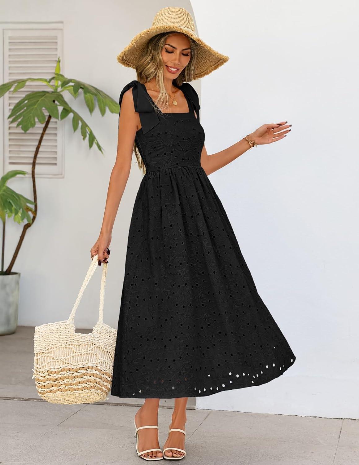 imageMEROKEETY Womens Summer Midi Dress 2026 Elegant Square Neck Sleeveless Flowy A Line Casual Beach Vacation SundressBlack