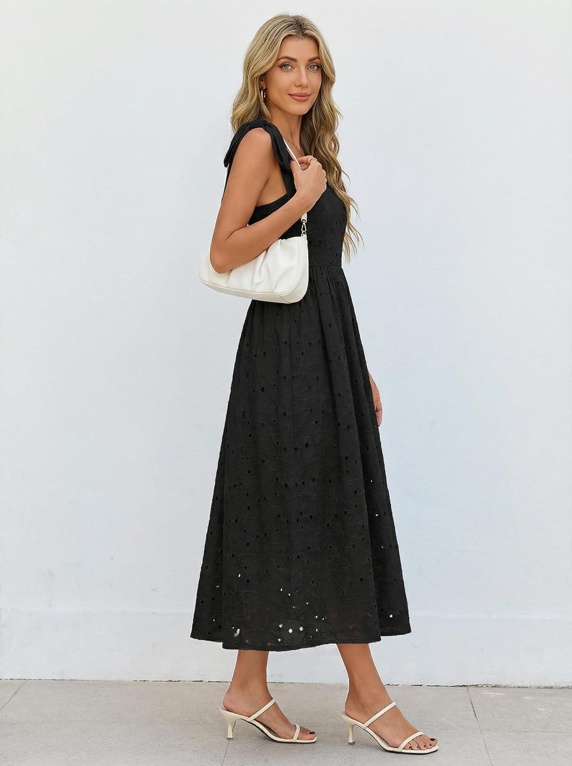 imageMEROKEETY Womens Summer Midi Dress 2026 Elegant Square Neck Sleeveless Flowy A Line Casual Beach Vacation SundressBlack