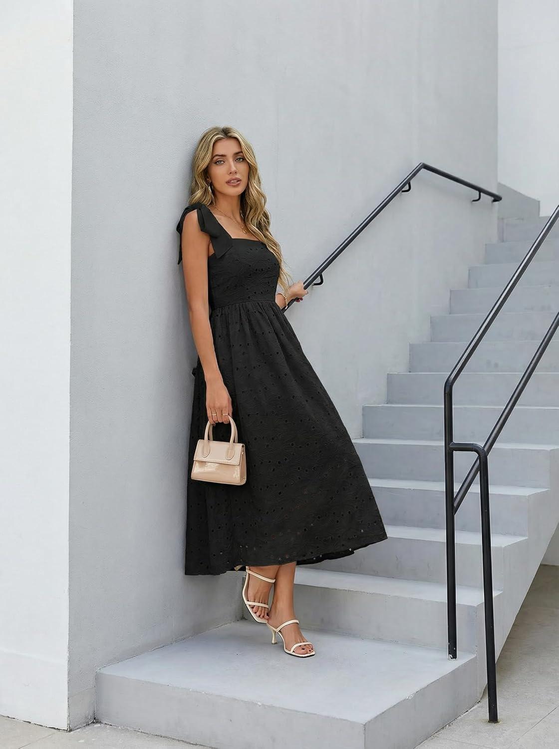 imageMEROKEETY Womens Summer Midi Dress 2026 Elegant Square Neck Sleeveless Flowy A Line Casual Beach Vacation SundressBlack
