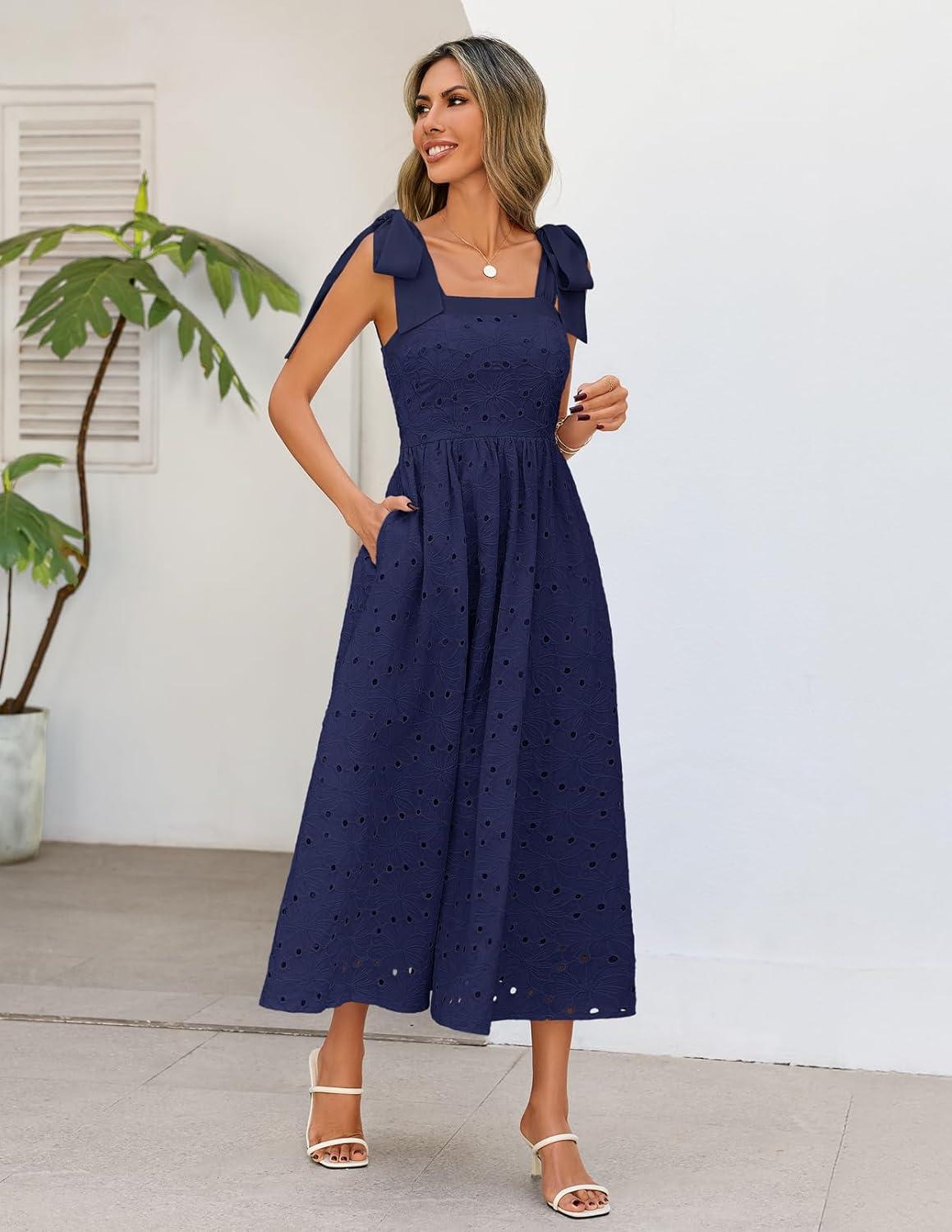 imageMEROKEETY Womens Summer Midi Dress 2026 Elegant Square Neck Sleeveless Flowy A Line Casual Beach Vacation SundressNavy