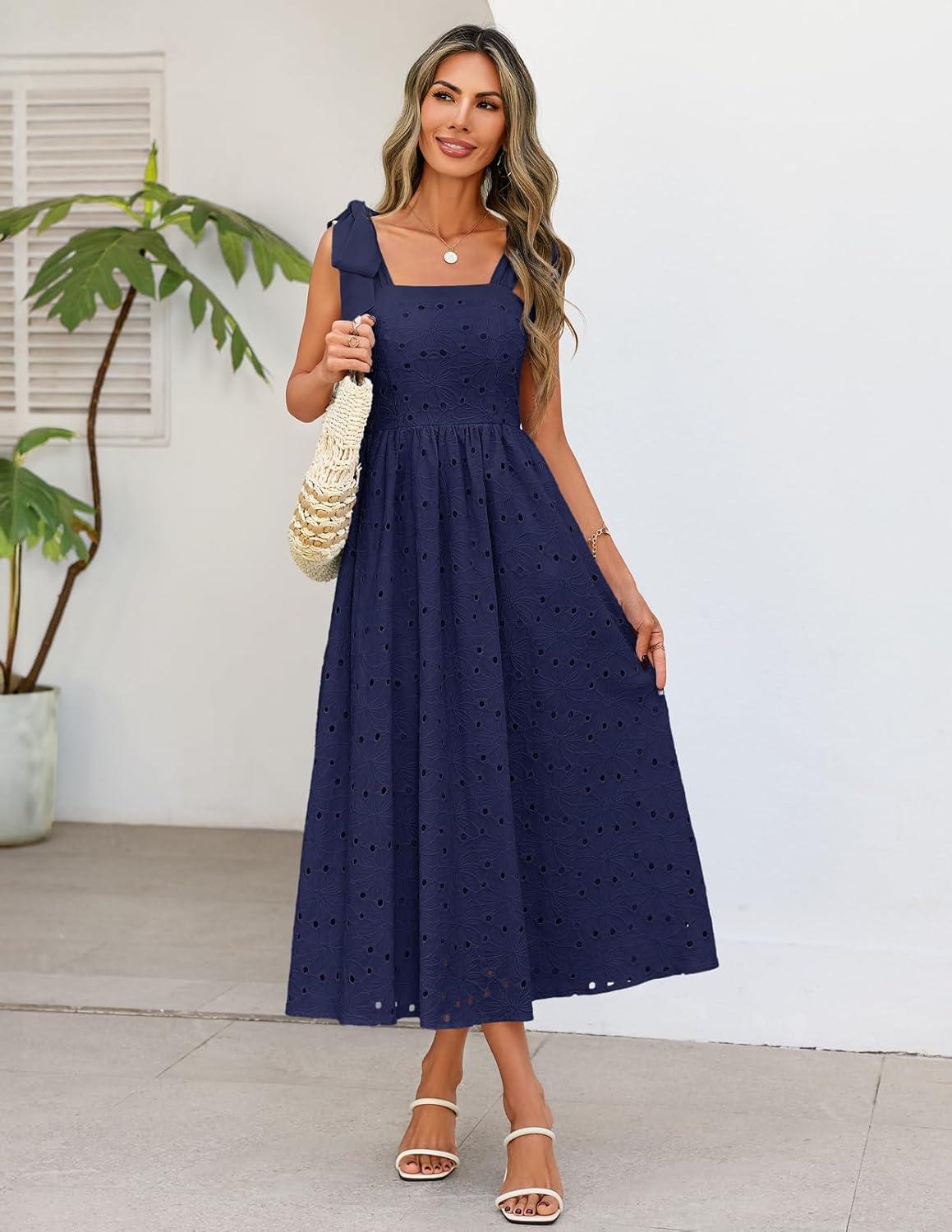 imageMEROKEETY Womens Summer Midi Dress 2026 Elegant Square Neck Sleeveless Flowy A Line Casual Beach Vacation SundressNavy