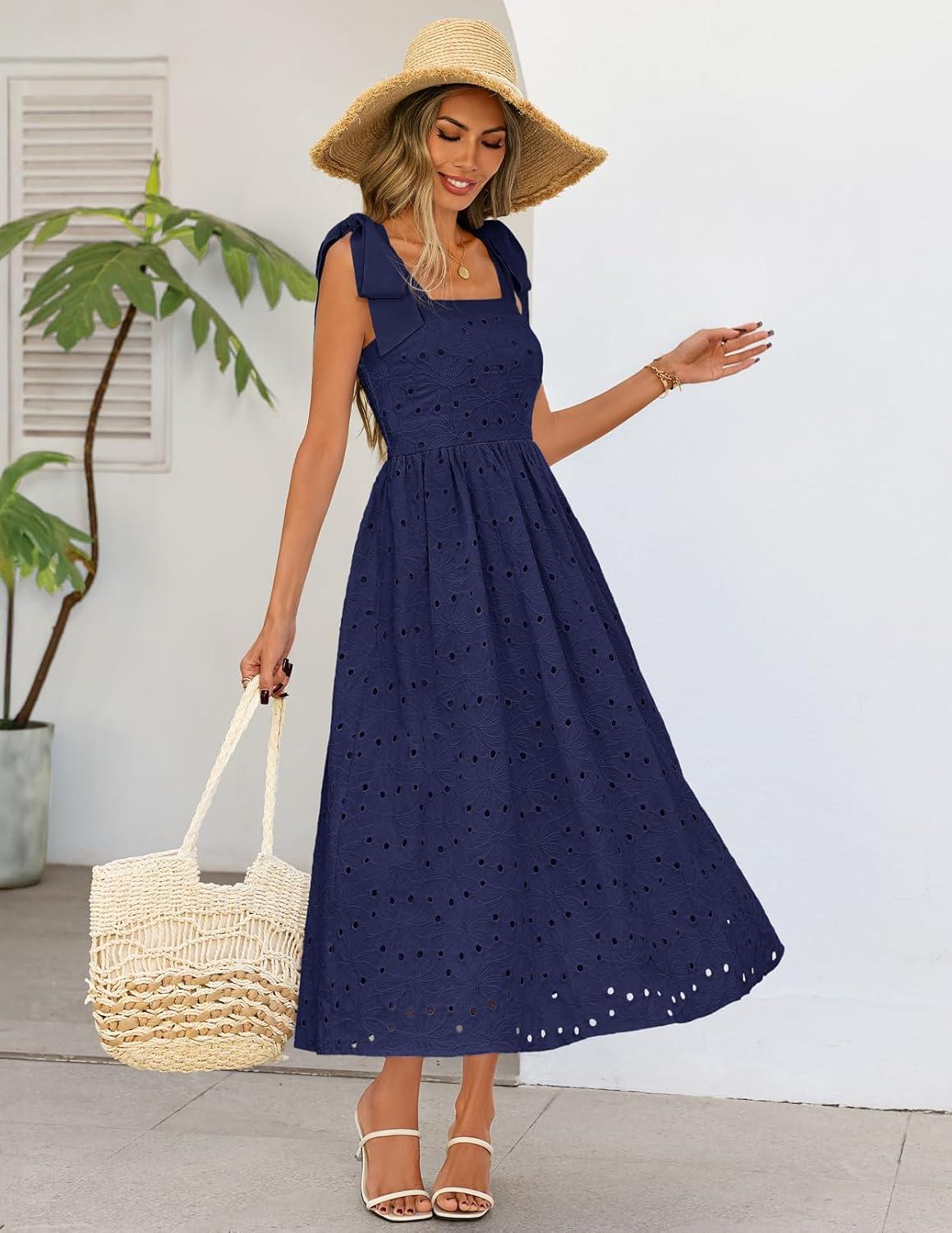imageMEROKEETY Womens Summer Midi Dress 2026 Elegant Square Neck Sleeveless Flowy A Line Casual Beach Vacation SundressNavy